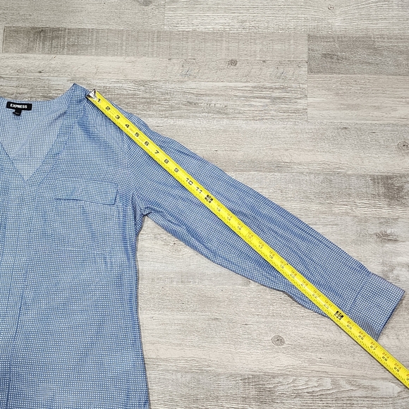 Express Cadet Blue Micro Polka Dot Blouse Roll Tab Sleeve Medium - Picture 5 of 6